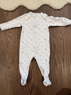 White Footed Baby One-Piece with Pink Butterfly & Blue Floral Print